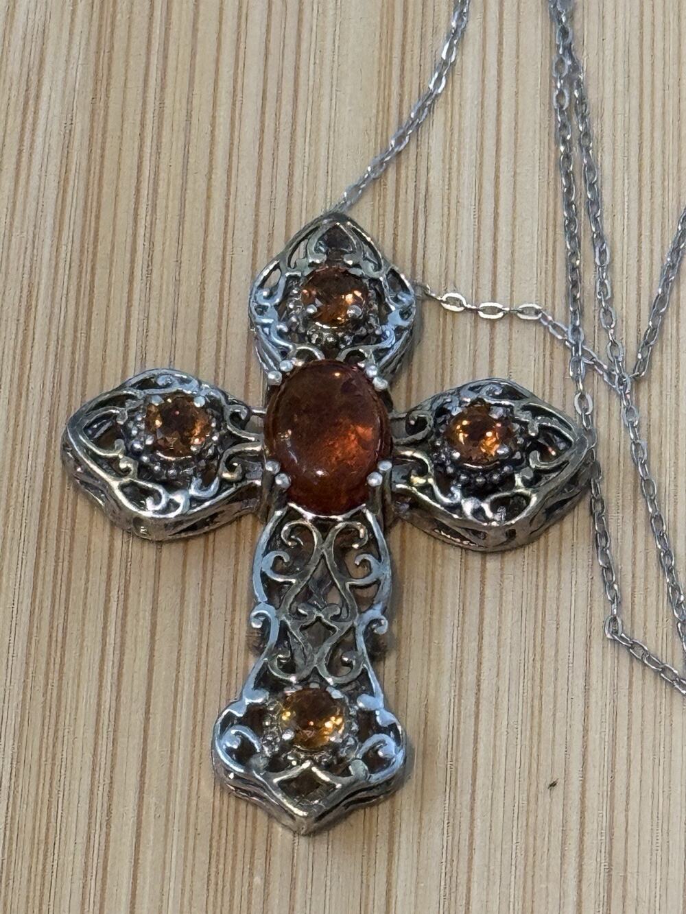 Vintage Amber & Citrine Sterling Silver Two Tone Cross And 925 Necklace 20”
